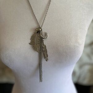 Silver Necklace with Metal Feather, Horseshoe, Heart, Leaf Pendants